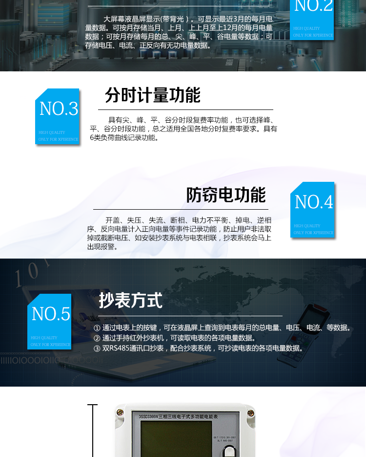 2、防竊電功能
① 開蓋記錄功能，防止非法更改電路。
② 電壓合格率、失壓記錄功能，防止用戶非法取掉或截斷電壓接線，如已發生，可通過記錄的時間核算所損失的電量，為追補電量提供依據。
③ 失流、斷相記錄功能，防止用戶非法短接電流接線，如已發生，可通過記錄的時間核算所損失的電量，為追補電量提供依據。
④ 電流不平衡記錄：可警惕用戶在電表接線的前端截取電量。
⑤ 掉電記錄功能，防止用戶非法取下電表的工作電源，如已發生，可通過記錄的時間核算所損失的電量，為追補電量提供依據。
⑥ 反向電量計入正向電量，用戶如將電流線接反，電表照樣正向走字，不具有竊電作用。
⑦ 逆相序報警，用戶非法接線，電表會報警，除非把線接正確，否則一直報警。
以上情況如發出，電表會出現報警標志，如安裝抄表系統與電表相聯，抄表系統會馬上出現報警。