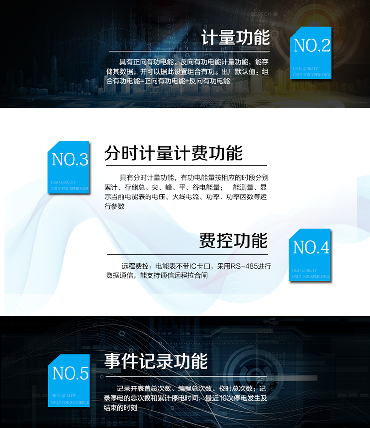 主要功能：
具有雙向分時(shí)計(jì)量、信息存儲(chǔ)及處理、測(cè)量及監(jiān)測(cè)、數(shù)據(jù)凍結(jié)、安全認(rèn)證、遠(yuǎn)程費(fèi)控、停電抄表等功能，記錄各類事件。
通訊方式：485通訊，紅外通訊，相互獨(dú)立。